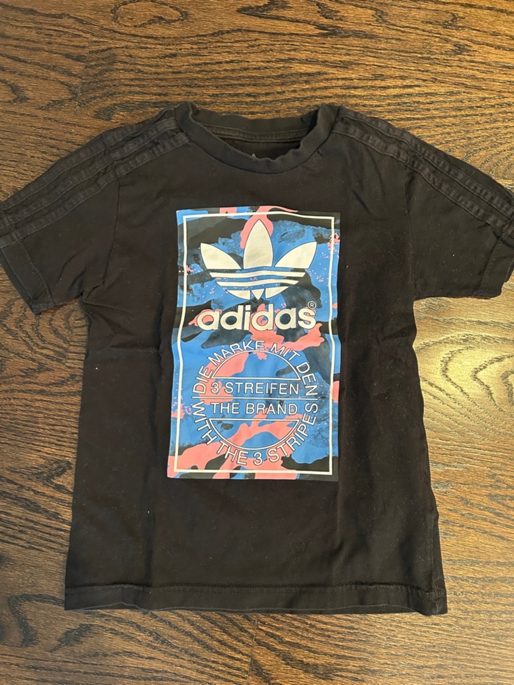 adidas Black Tee with Blue and Pink Graphic Logo